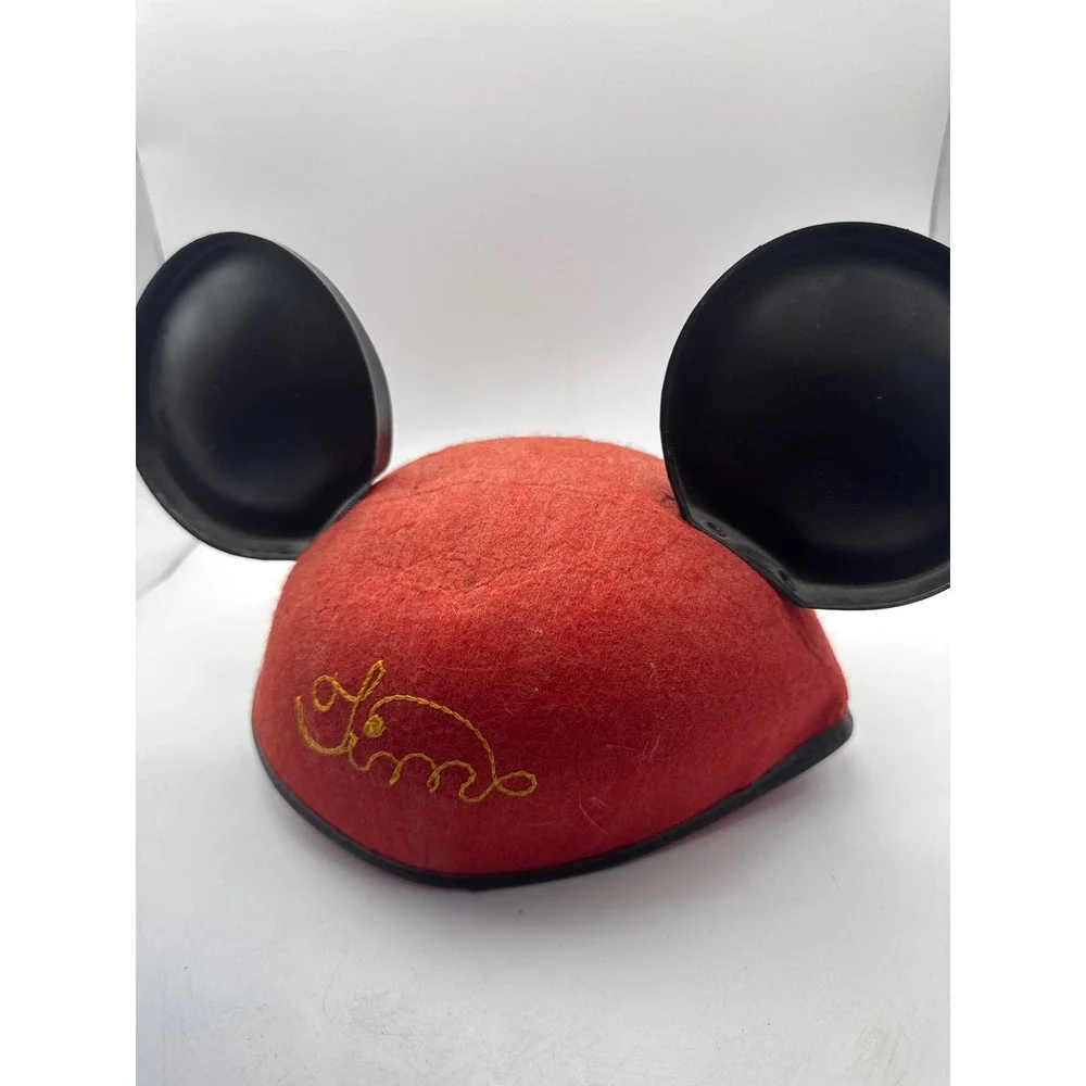 Vintage Disneyland Mickey Mouse Wool Hat with Black Ears Red Embroidered
